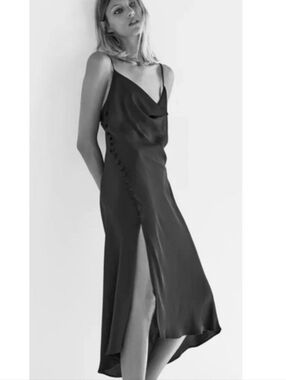 Zara Olive Green Blogger's Favorite Satin Slip Dress  Side Button Cowl Neck XL